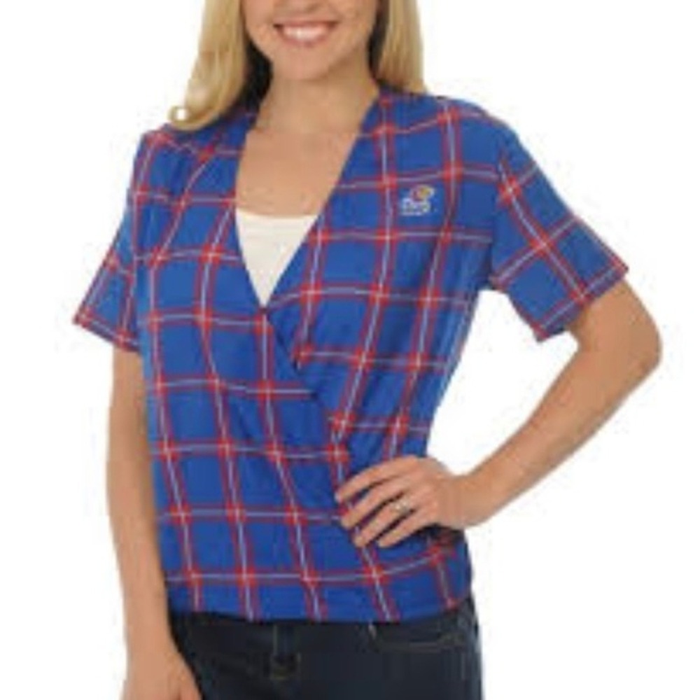 UG Apparel Kansas Jayhawks Womens Medium Blue Plaid Surplice Wrap Top‎ NWT NCAA